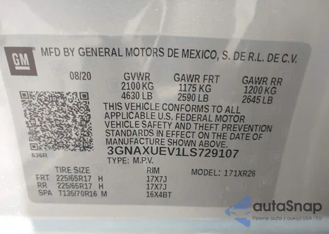 2020 Chevrolet Equinox Awd Lt 1.5L Turbo из США, поврежденный, VIN 3GNAXUEV1LS729107